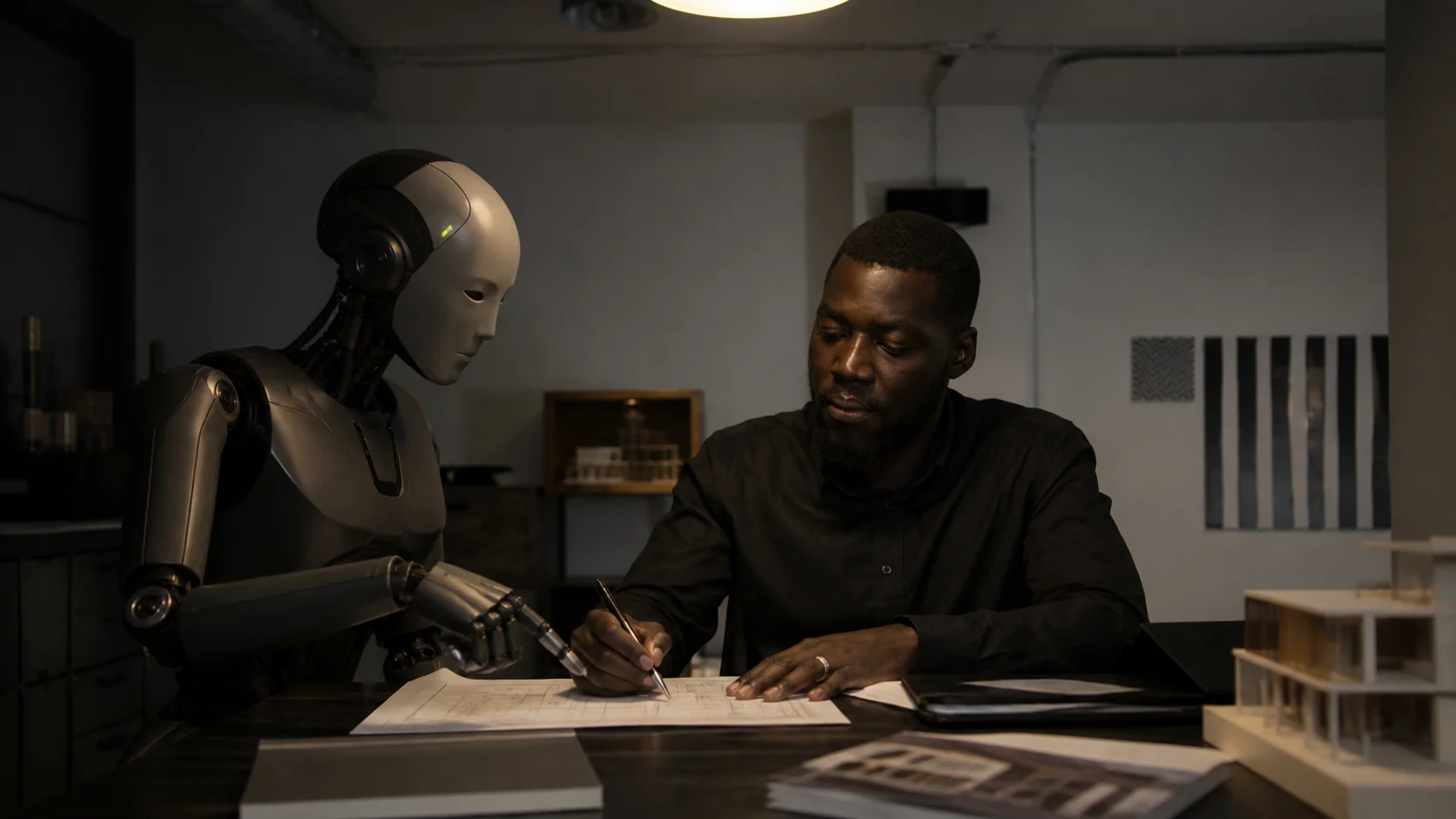 A Black business owner and a physical AI robot reviewing the same marked business document in a modern office.