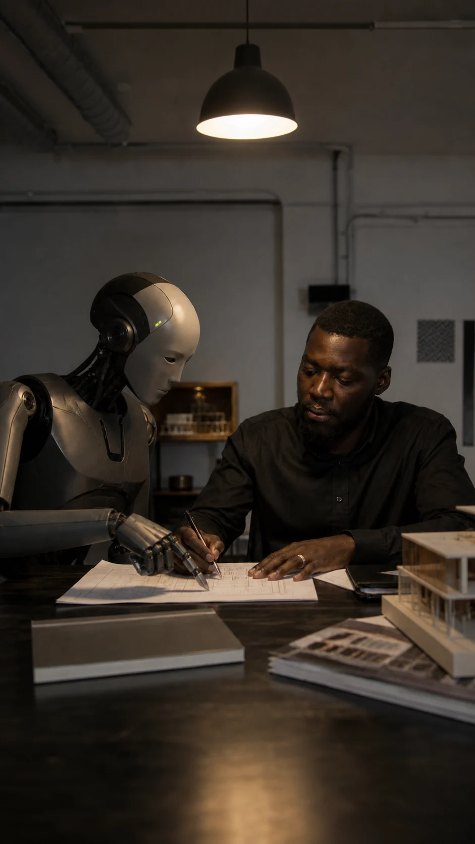 A Black business owner and a physical AI robot reviewing the same marked business document in a dedicated mobile composition.